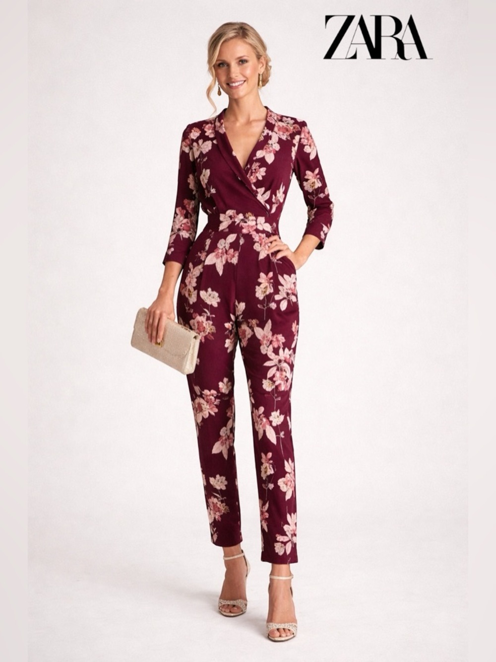 ZARA Floral Print Jumpsuit with Open Back Details